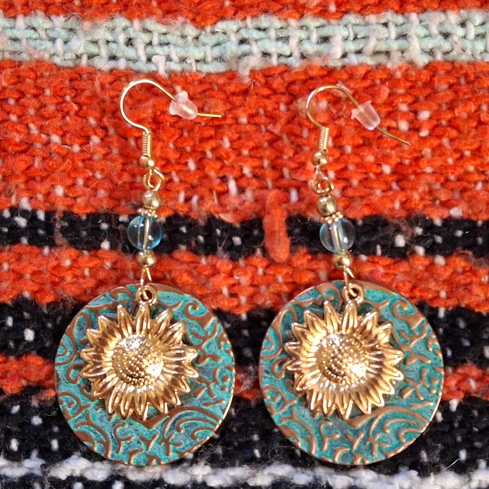 Gold Sunflower/Teal Patina Drop Earrings